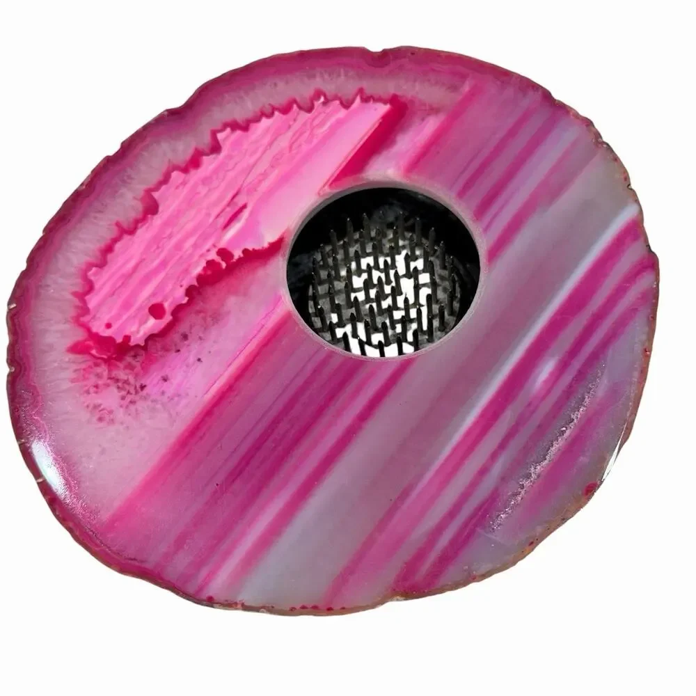 Nature’s Treasures Ikebana Vase Color Enhanced Pink Agate Flower Frog Minimalist